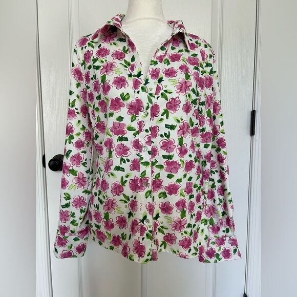 Zara Women’s Floral White with Vibrant Pink Button Down Top Blouse Size Large - Picture 1 of 15